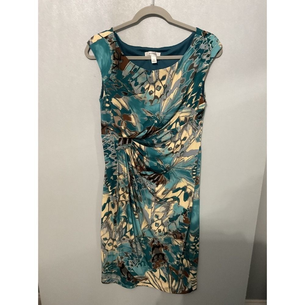 Dressbarn Womens Sheath Dress Side Knot Abstract Butterfly Print Teal Size 10 - Picture 2 of 5